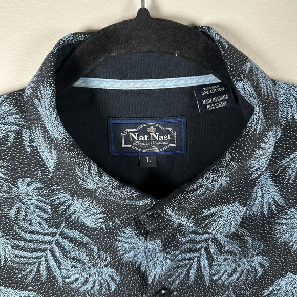 Nat Nast Large Blue Palm Leaf Silk Blend Short Sleeve Button‎ Up Shirt - Picture 3 of 4